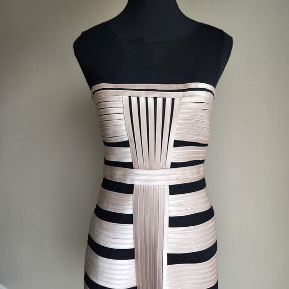 BCBGMaxAzria Brenda Stretch Satin Bandage Bodycon Dress Gold Black Mesh size 10 - Picture 3 of 5